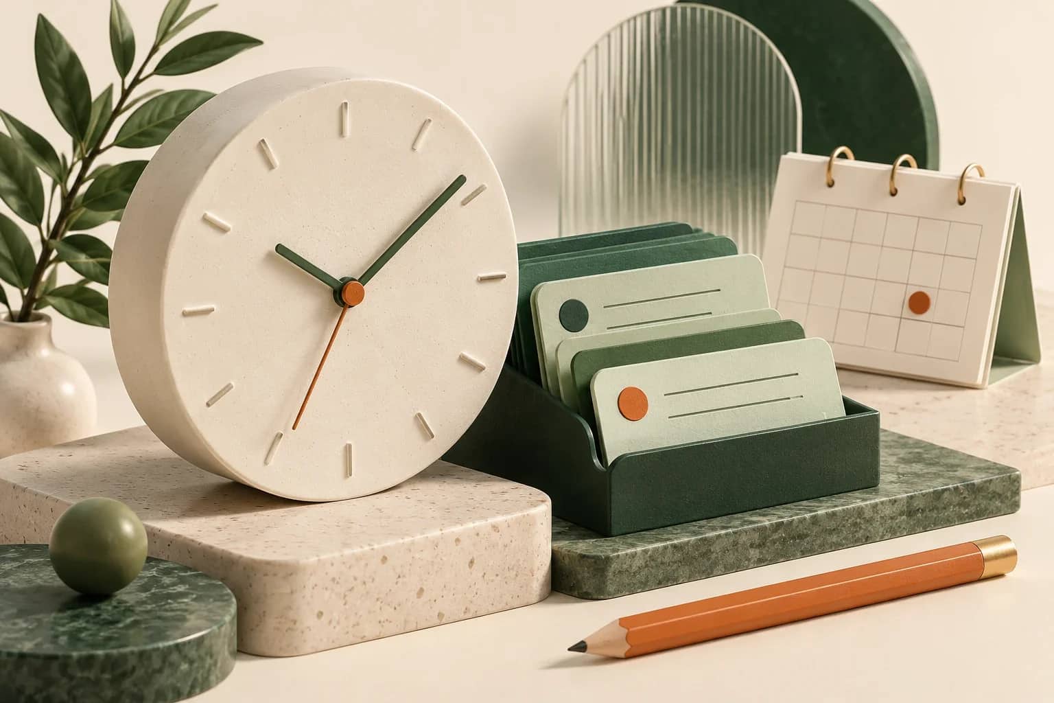 Illustrasjon av klokke, timelister og kalender for timeføring