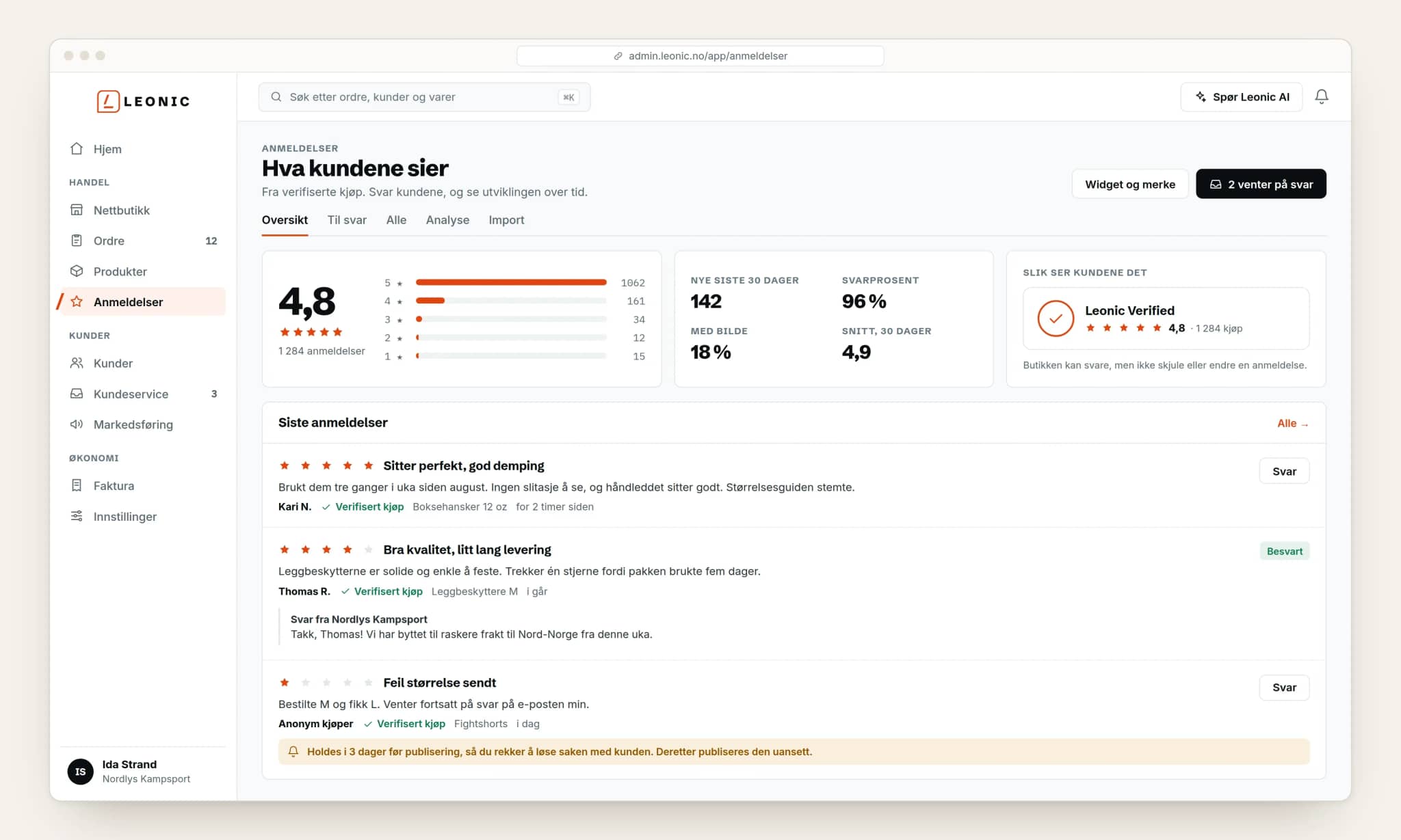 Anmeldelser i Leonic: snittkarakter, fordeling, Leonic Verified-merket og de siste anmeldelsene fra verifiserte kjøp. Tegnet illustrasjon med fiktive data.