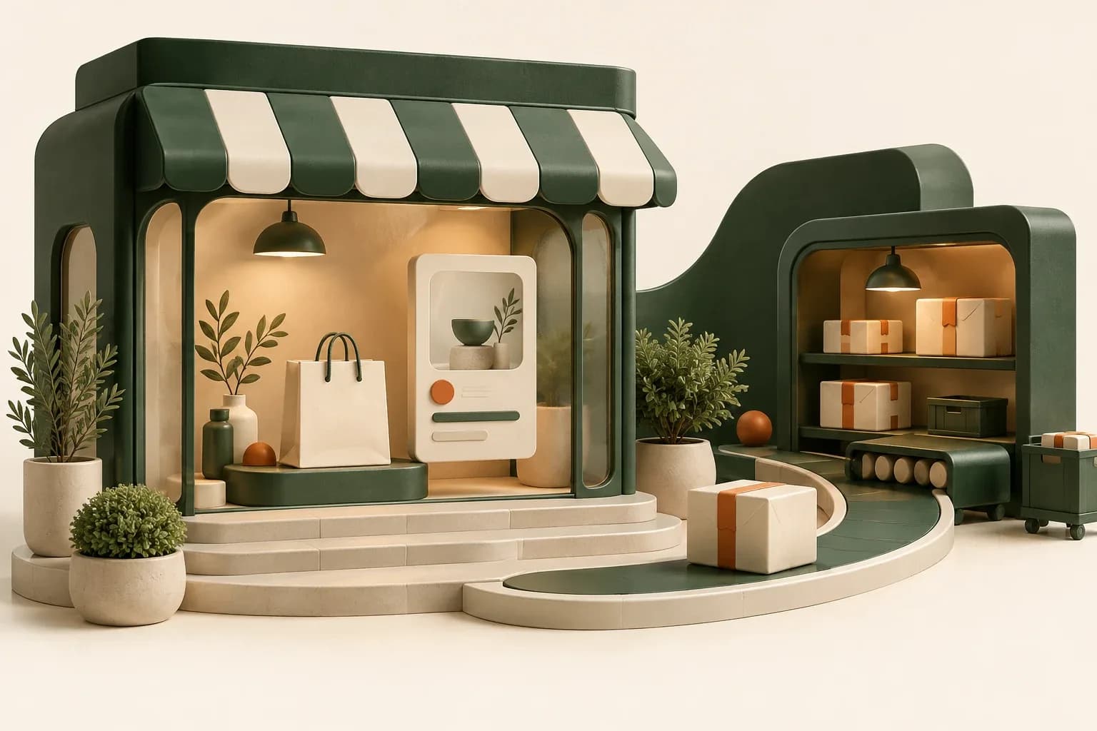Illustration of an online store with connected commerce, parcels and inventory