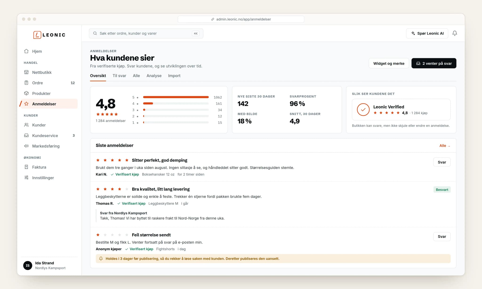 Anmeldelser fra verifiserte kjøp, en del av Leonic Nettbutikk. Tegnet illustrasjon med fiktive data.