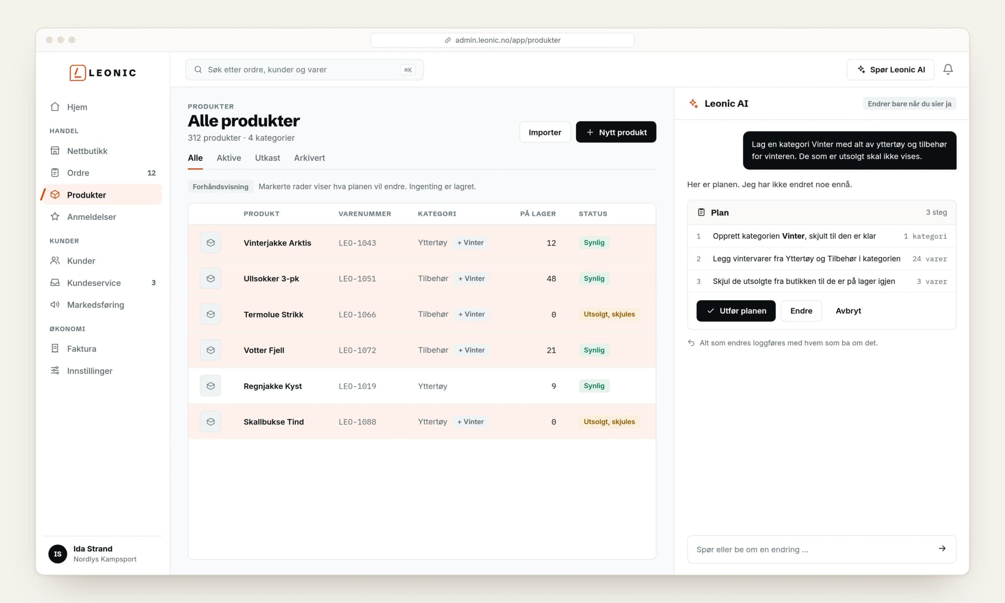 Leonic AI viser en plan med tre steg for en endring i produktene, med knappen Utfør planen. Ingenting er endret ennå. Tegnet illustrasjon med fiktive data.
