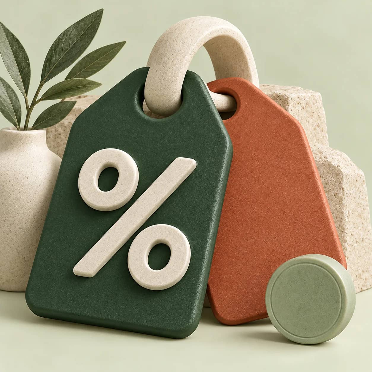 Illustrasjon av kampanjer med prislapper og prosenttegn i varme grønne toner.