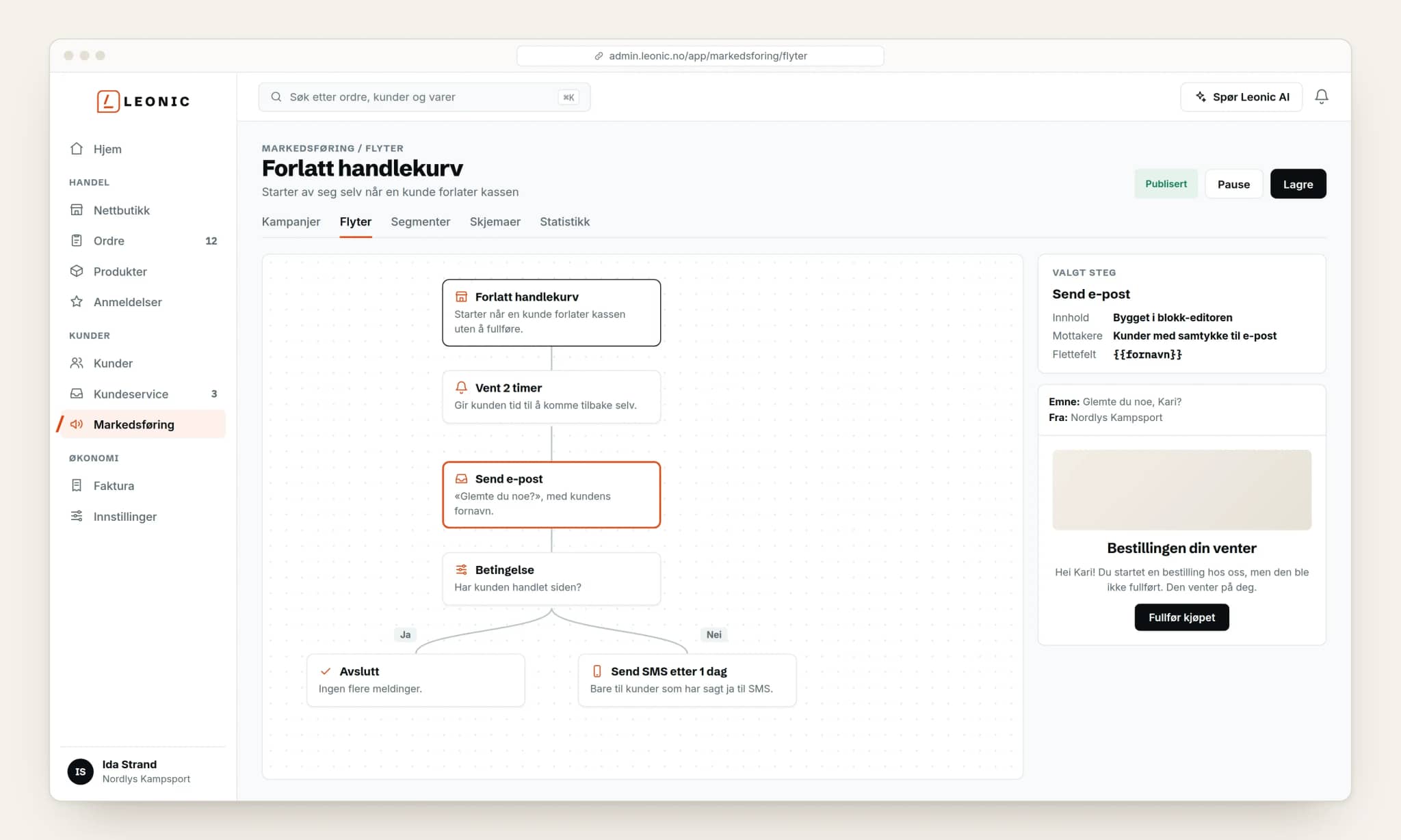 En automatisk flyt i Markedsføring: forlatt handlekurv, vent, e-post, betingelse og SMS, med forhåndsvisning av e-posten. Tegnet illustrasjon med fiktive data.